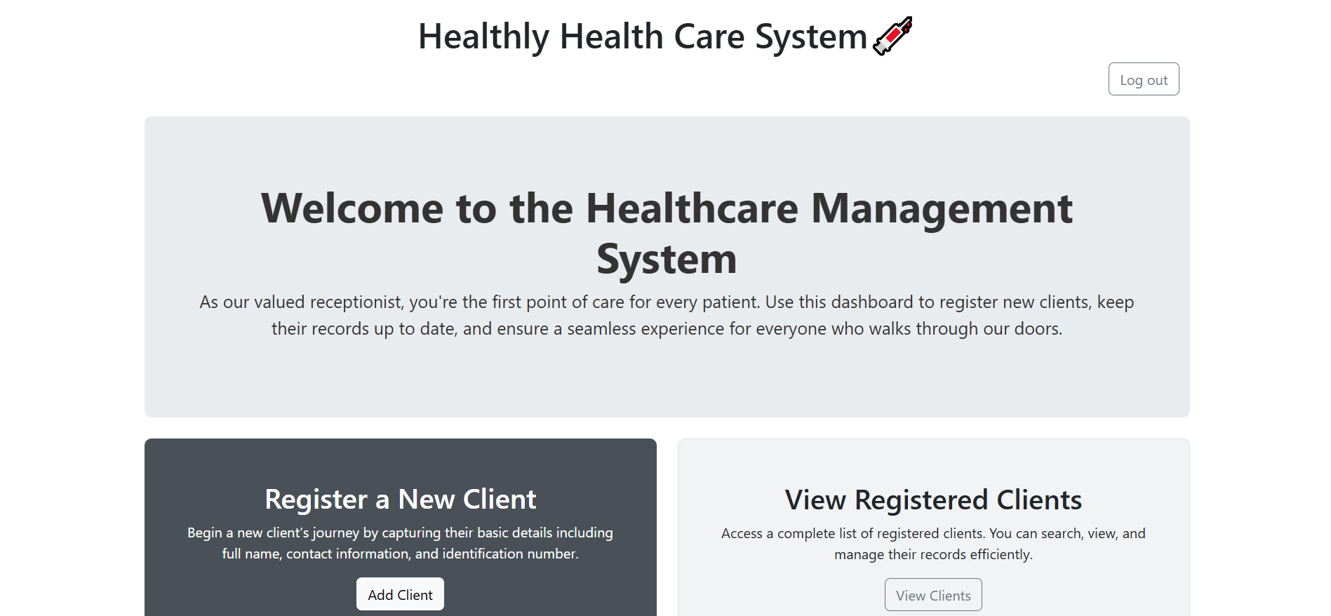 Receptionist homepage dashboard